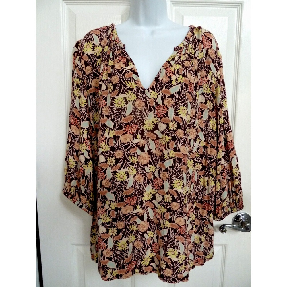 Ava & Viv Women 2X Floral V-Neck Blouse 3/4 Balloon Sleeve Pullover Shirt